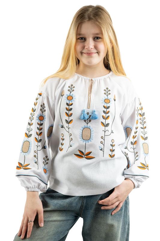 Вишиванка блузка для дівчинки підлітка лляна Ромашечки 70230411 льон 158см біла