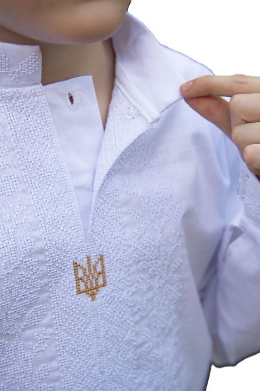 Вишиванка для хлопчика Герб лляна дитяча патріотична 7101234 льон 110см чисто біла з тризубом