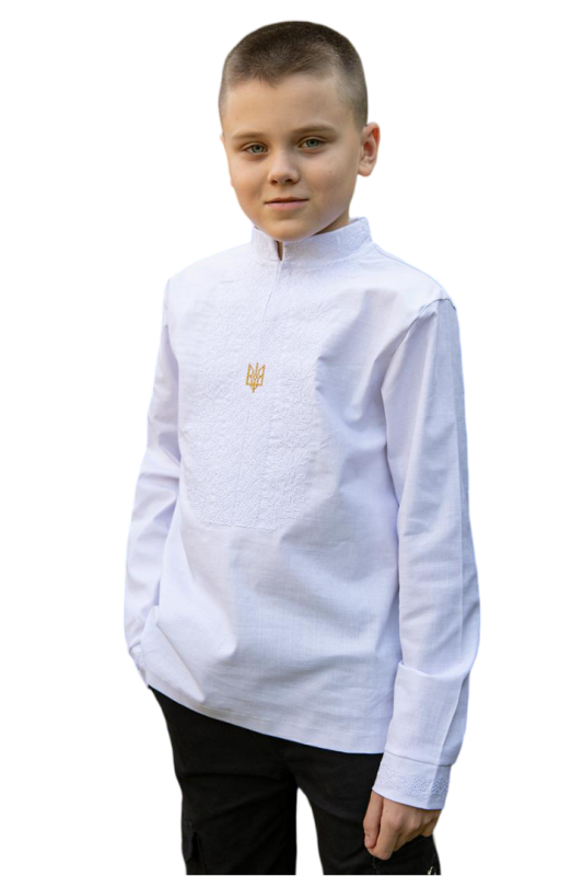 Вишиванка для хлопчика Герб лляна дитяча патріотична 7101234 льон 134см чисто біла з тризубом
