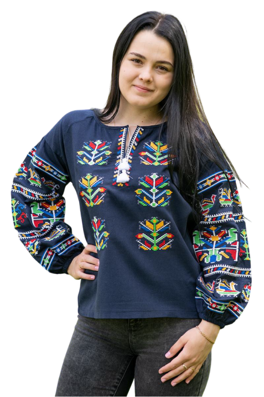 Лляна жіноча вишиванка з барвистим етнічним малюнком 48020411 льон (XL)104-108 темно-синя