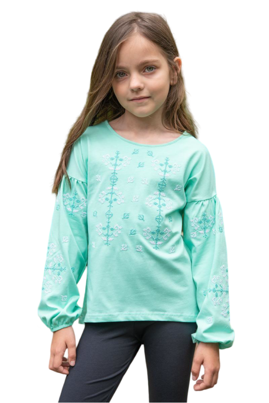 Дитяча вишиванка блузка для дівчинки з орнаментом бавовняна 060411 фулікра 122см ментолова