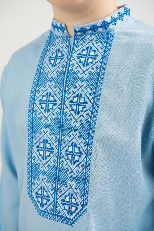 Вишиванка для хлопчика Ромби лляна дитяча з ніжною біло-блакитною вишивкою 101234 льон 140см блакитна з орнаментом