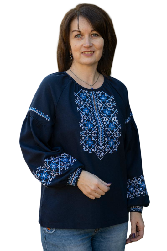 Вишиванка жіноча лляна Темно-синя Класика 358020411 льон (3XL)120 з біло-блакитним орнаментом