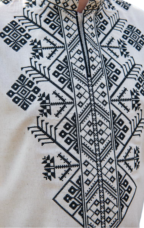 Лляна чоловіча вишиванка Оксамит 22101234 натуральний льон (3XL)120  з чорним візерунком