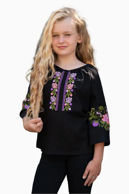 Вишиванки сімейні для мами і доньки Рожево-бузкові квіти парні 58020411 льон жіноча (М)92 для дівчинки 146см чорні