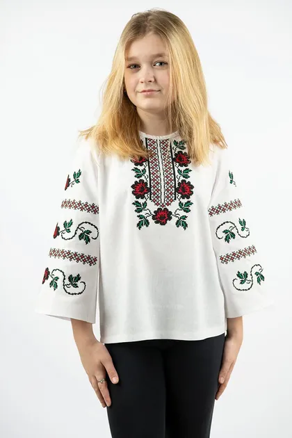 Вишиванки сімейні для мами і доньки Квіти парні 48020411 льон жіноча (М)88-92 для дівчинки 134см білі