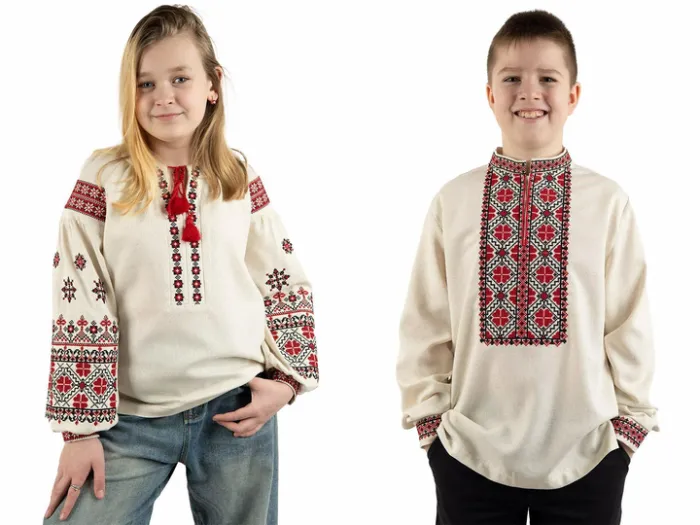 Парні вишиванки для братика і сестрички Українські традиції лляні сімейні 75050411 льон 158см для хлопчика і для дівчинки світло-бежеві