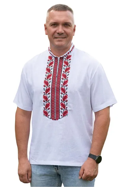 Лляна чоловіча сорочка-вишиванка Козацька літня короткий рукав 72801234 льон  (XL)104-108 біла з червоно-чорною орнаментом