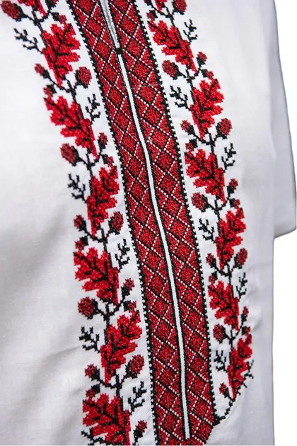Лляна чоловіча сорочка-вишиванка Козацька літня короткий рукав 72801234 льон  (M)88-92 біла з червоно-чорною орнаментом