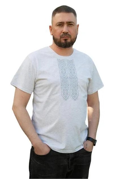 Вишиванка чоловіча літня Орнамент бавовняна з коротким рукавом 325706234 фулікра (L)96-100 біла меланж