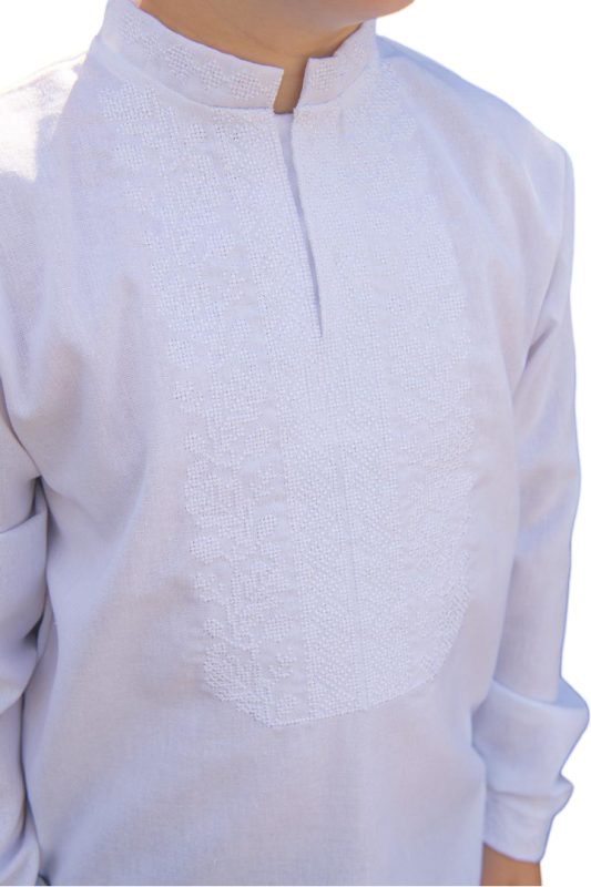 Вишиванка для хлопчика лляна Класична чисто біла з довгим рукавом 101234 льон 158см біла з білим орнаментом