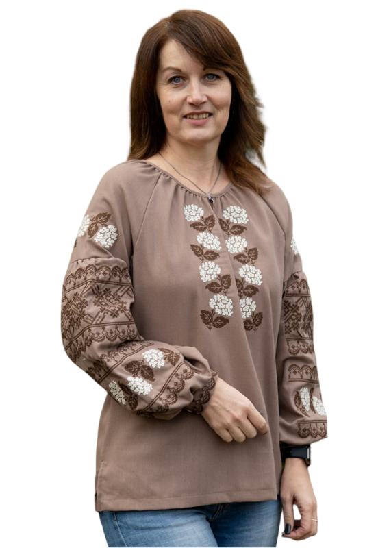 Вишиванка жіноча лляна Калина 754020411 льон  (M)88-92 кавова