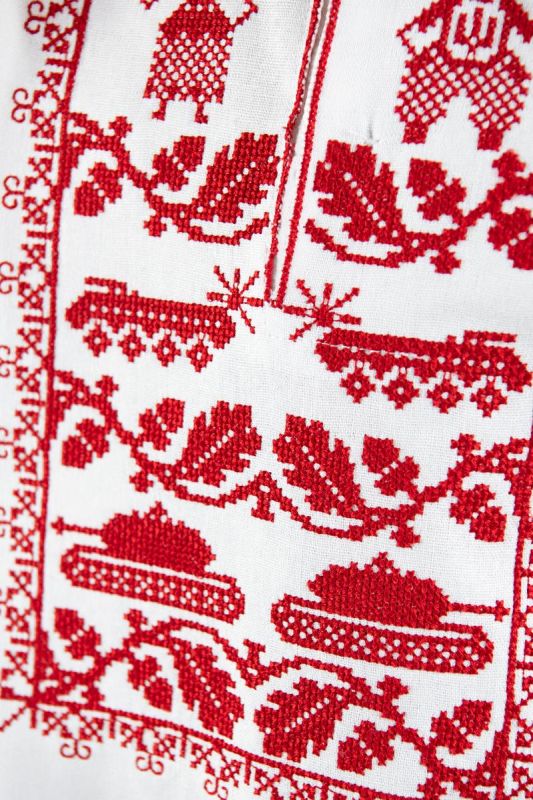 Вишиванка для хлопчика дитяча лляна Мужність 6301234 льон 128см біла з червоною вишивкою