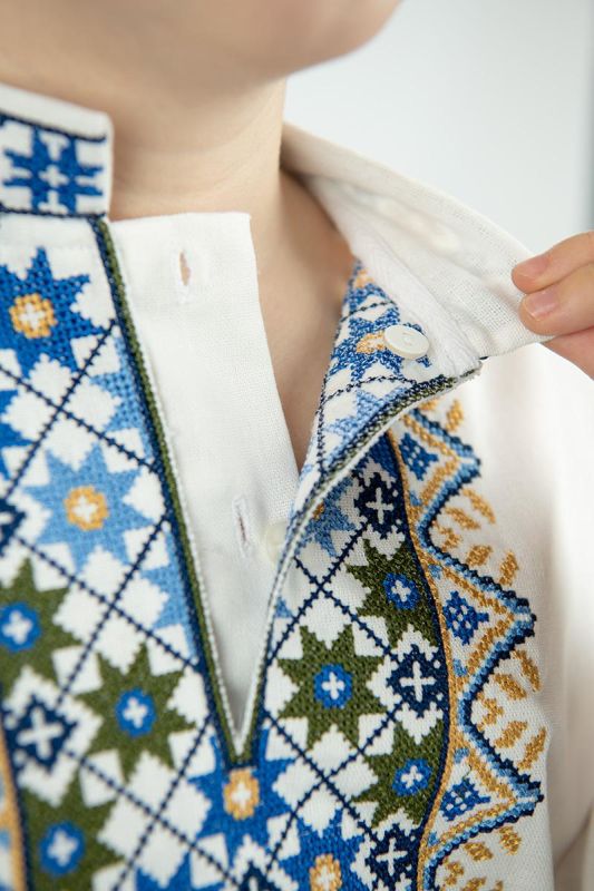 Вишиванка для хлопчика лляна підліткова Святкова з зірковим орнаментом 05234 льон 158см молочна