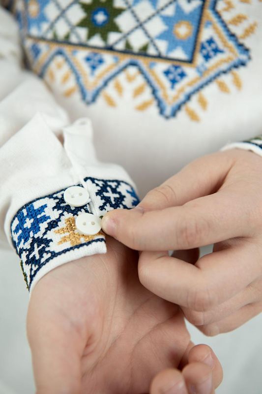 Вишиванка для хлопчика лляна підліткова Святкова з зірковим орнаментом 05234 льон 164см молочна