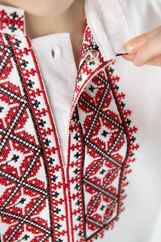 Вишиванка для хлопчика лляна Козак дитяча святкова сорочка з вишивкою 401234 льон 104см біла з червоним орнаментом