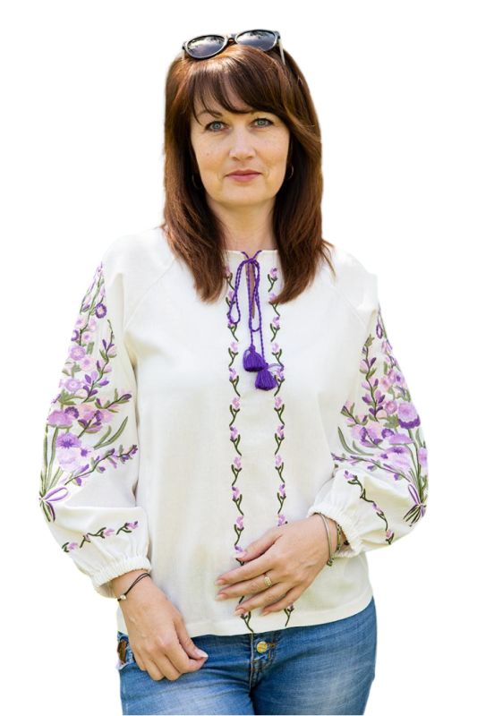 Вишиванка жіноча лляна з ніжними квітами 7020411 льон  (2XL)116 молочна
