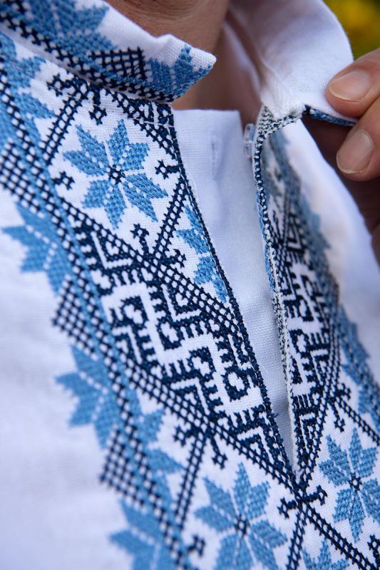 Вишиванка чоловіча лляна Орнамент з блакитним візерунком 301234 льон  (2XL)112-116 біла