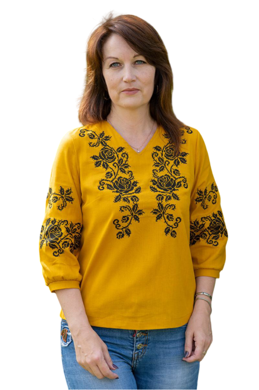 Вишиванка-блузка жіноча Троянди 2958020411 льон стрейч (M)88-92 гірчична