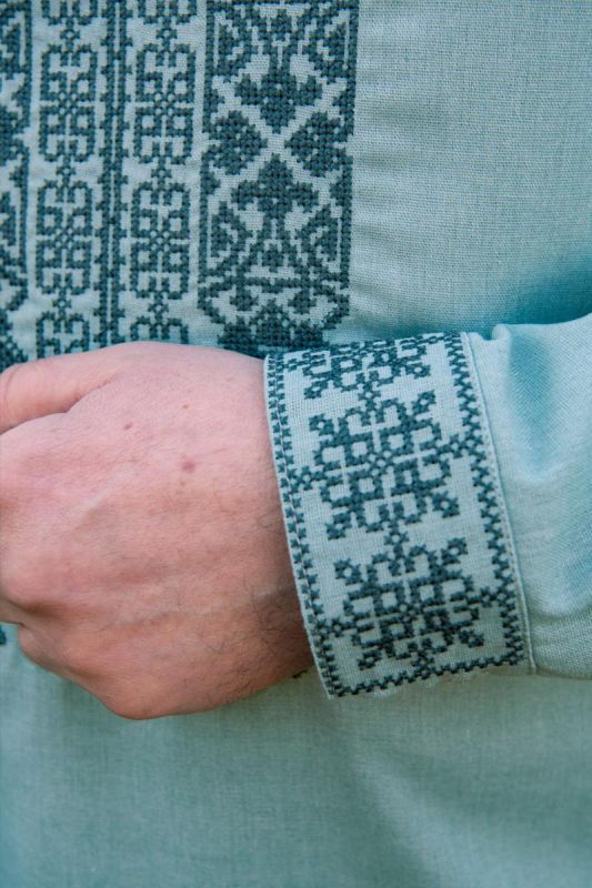 Чоловіча вишиванка Орнамент з узором спереду і на спині 201234 льон (XL)104-108  сіро-зелена
