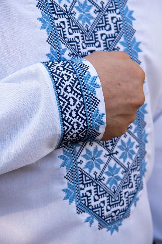 Вишиванка чоловіча лляна Орнамент з блакитним візерунком 301234 льон  (2XL)112-116 біла