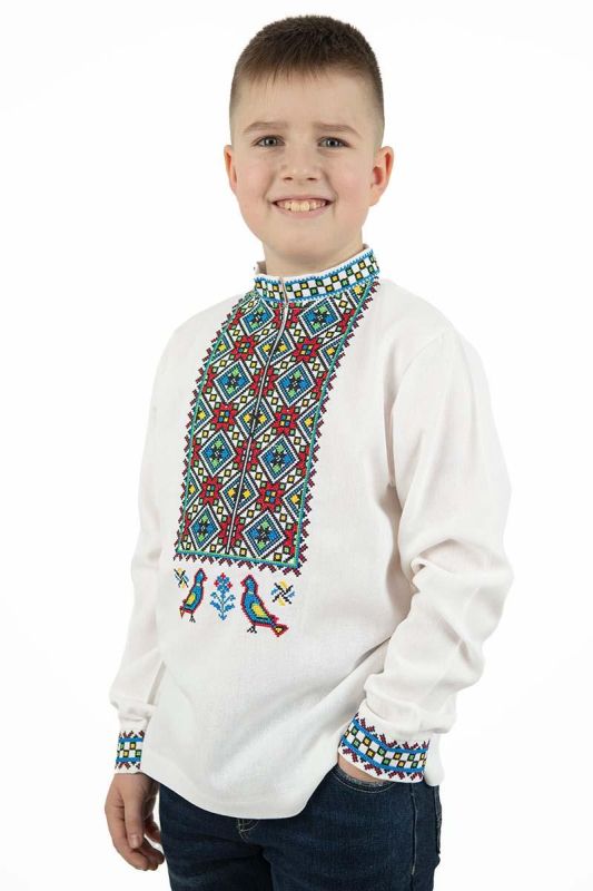 Підліткова лляна вишиванка для хлопчика різнокольоровий орнамент і голуби 04234 льон 164см біла