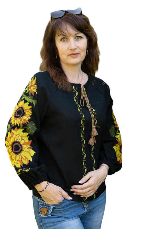 Лляна жіноча вишиванка Соняшники 9020411 льон  (L)96 чорна