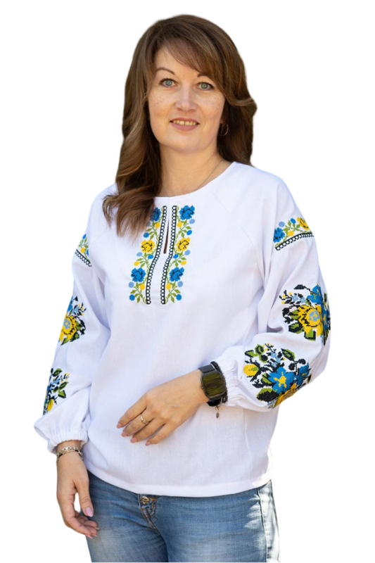 Вишиванка жіноча лляна патріотична Жовто-блакитні квіти 20411 льон (XL)108 біла