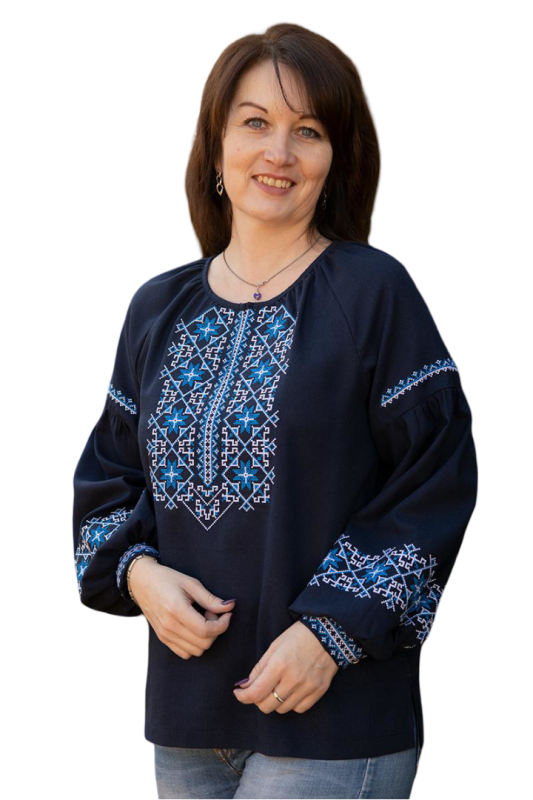 Вишиванка жіноча лляна Темно-синя Класика 358020411 льон (L)96-100 з біло-блакитним орнаментом