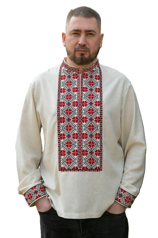 Лляна чоловіча вишиванка Українські традиції 32101234 натуральний льон (L)96-100 з червоно-чорним орнаментом