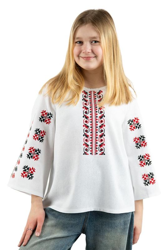Вишиванка дитяча лляна для дівчинки Проліски святкова дитяча блузка з червоно-чорним орнаментом 2320411 льон 110см біла