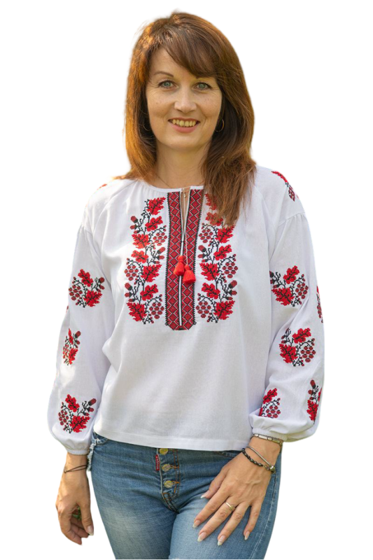Вишиванка лляна жіноча з червоним орнаментом Калина і Дубочки 28020411 льон (L)96-100 біла