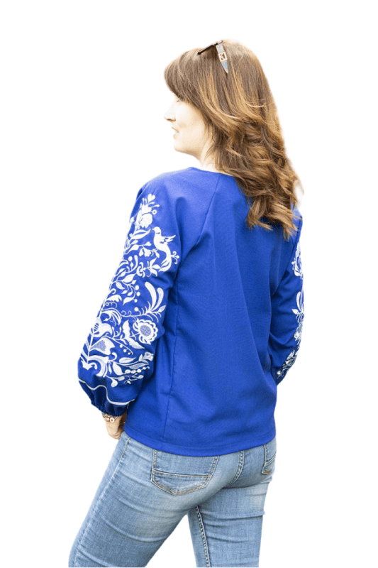 Лляна вишиванка жіноча Пташки на квітах  3020411 льон (2XL)112 синя